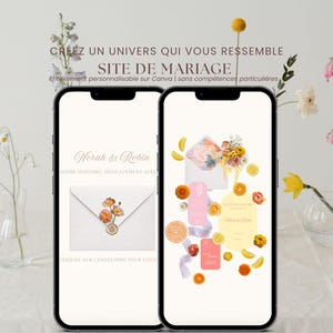 Peut inclure: Deux smartphones affichant un modèle de site de mariage numérique. Les écrans présentent des graphismes floraux, une icône d'enveloppe avec un sceau de cire et le texte "Norah & Robin" et "SITE DE MARIAGE". Le design inclut des tons jaune, rose et orange.