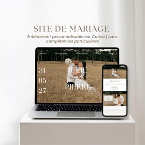 May include: A laptop and a smartphone displaying a wedding website template. The screen shows a couple in a field with the text SITE DE MARIAGE, JULIE ET PIERRE, 31 05 27, and menu options including Accueil, Où séjourner, informations, FAQ, and RSVP.