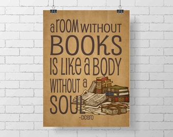 Printable Reading Library Print- A room without books is like a body without a soul - wall Print - home decor - school print - vintage print