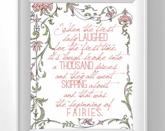 Nursery Decor - Peter Pan - When the first baby laughed - Faeries - vintage nursery decor - floral print - fairies - classic nursery - print