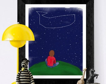 Nursery print - Stars and constellations - whale constellation - stargazing - hand drawn -  watercolor illustration - imagination