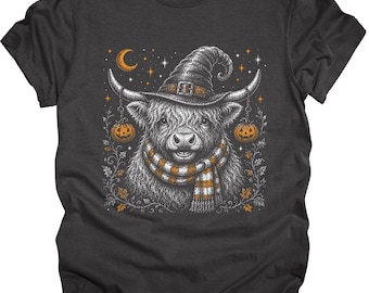 Halloween Highland Cow Witch Hat T-shirt | Pumpkin Scarf, Moon & Stars