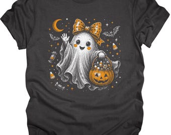 Cute Ghost with Pumpkin Halloween T-Shirt | Orange Moon Stars