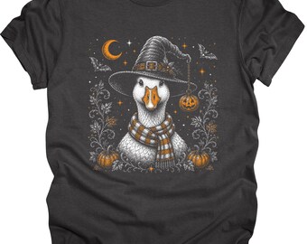 Witch Goose Illustration T-Shirt | Halloween Pumpkin, Moon, Scarf