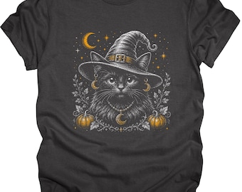 Witch Cat Illustration T-shirt | Halloween Black Cat, Pumpkin Moon
