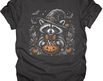 Witch Raccoon Holding Jack-O'-Lantern T-shirt | Halloween Pumpkin Crew Tee