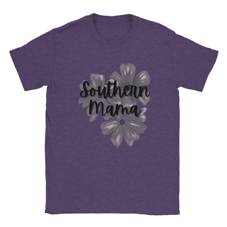 May include: Purple t-shirt with the text "Southern Mama" in a script font, accompanied by a floral design in shades of gray. The shirt is made of a soft material.