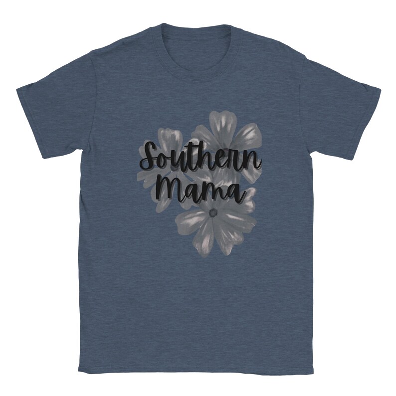 May include: A navy blue t-shirt featuring the text "Southern Mama" in a cursive font, with a floral design in shades of gray. The flowers are clustered below the text, creating a balanced design.