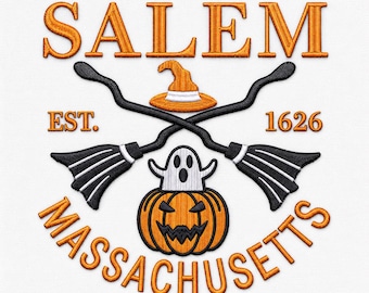 Halloween borduurpatroon, heksenpompoen uit Salem, Massachusetts, spookbezem DST PES-bestand