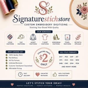 May include: A digital flyer for Signaturestichstore custom embroidery digitizing services. It features a logo, service icons for caps, jackets, t-shirts, monograms, and towels, a starting price of $2, file format lists, and service benefits.