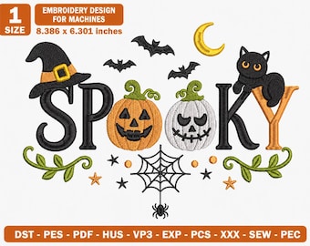 Griezelig Halloween-borduurpatroon, pompoen, kat, heksenhoed, machineborduurwerk, PES DST