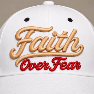 May include: A white baseball cap featuring embroidered text on the front. The word Faith is stitched in a raised, metallic gold script font, while the words OVER FEAR are stitched below in a bold, red, sans-serif font. Two black eyelets are visible.
