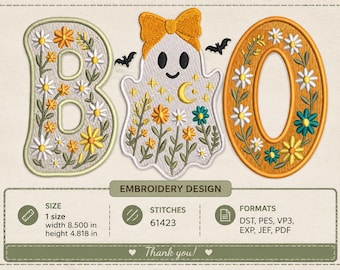 Halloween Boo borduurpatroon, spook met bloemenstrik, digitaal borduren met de machine, direct te downloaden (PES DST).