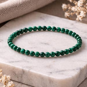 Malachite Bracelet, 4 mm Bead Minimalist Green Stretch Bracelet, Dainty Stacking Spiritual Jewelry, Affordable Handmade Gift for Best Friend