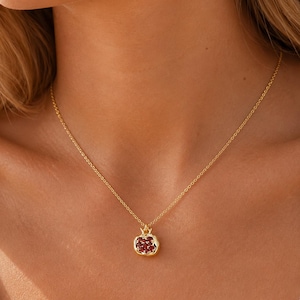 Puede incluir: Un collar de cadena dorada con un pequeño colgante en forma de granada. El colgante tiene un borde dorado liso y está relleno de varias piedras pequeñas circulares de color rojo oscuro que se asemejan a las semillas de granada.