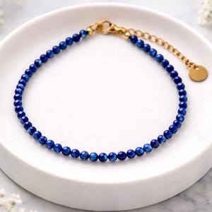 Lapis Lazuli Bracelet Womens, 3 mm Real Gemstone September Birthstone Minimalist Stacking Adjustable Dainty Blue Jewelry Stones Gift for Her