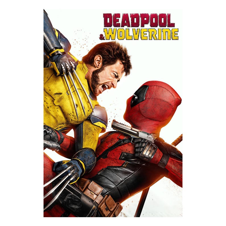 May include: Poster featuring Deadpool and Wolverine in a dynamic action pose. Wolverine, in a yellow and blue suit, is in a fight with Deadpool, who is wearing a red suit and holding a gun. The title "Deadpool & Wolverine" is at the top.