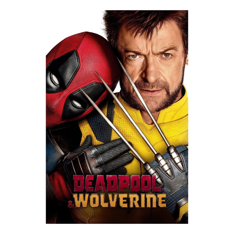 May include: Poster featuring Deadpool in his red mask and Wolverine with his metal claws. The text "Deadpool & Wolverine" is displayed in red and gold. Both characters are set against a yellow and blue background.