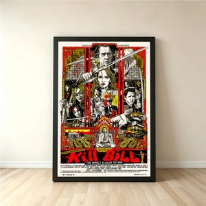 May include: A framed movie poster for "Kill Bill: The Whole Bloody Affair." The poster features a collage of characters and scenes in red, yellow, and black. The title is prominently displayed in red, with Japanese text above. The poster is in a black frame.