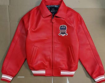 Men’s Premium Red Leather Varsity Jacket – Avirex Style USA Bomber, Classic American Retro Streetwear, Luxury Quality Statement Outerwear