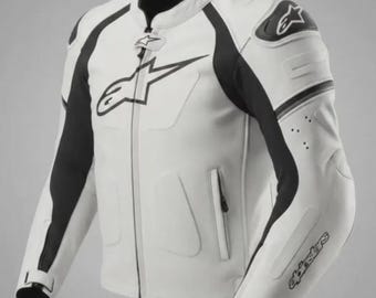 Alpinestars Motorcycle Racing Jacket in White Cowhide Leather for Professional Motorbike Riding Gear and a Perfect Gift for Riders