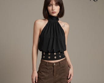 Women Gothic Black High Neck Sleeveless Halter Statement Top