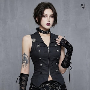 Women Gothic Zip Up Front Sleeveless Military Corset Vest Top