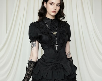 Gothic Victoriaanse korsetblouse, zwarte top met ruches en pofmouwen
