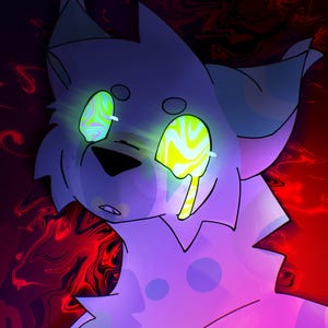 Puede incluir: Una ilustración digital de un personaje felino estilizado con pelaje morado claro y manchas moradas oscuras. El personaje presenta ojos brillantes con remolinos amarillos y verdes, con una sustancia líquida goteando de un ojo sobre un fondo rojo.