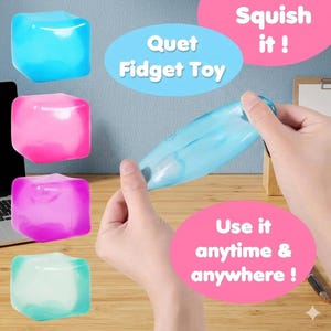 May include: A collection of colorful fidget toys. The image shows four cube-shaped fidget toys in blue, pink, purple, and teal. A blue, elongated fidget toy is being squeezed by a person. Text reads "Quet Fidget Toy", "Squish it!", and "Use it anytime & anywhere!"