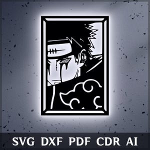 Könnte beinhalten: Ein rechteckiges Wandkunstobjekt aus schwarzem Metall mit einer stilisierten Grafik einer Figur mit Stirnband und Wolkenmuster. Das Design ist weiß hinterleuchtet. Der Text SVG DXF PDF CDR AI ist am unteren Bildrand aufgedruckt.