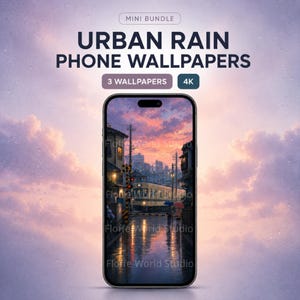 May include: A digital product display featuring a smartphone screen showing an urban rain scene with a train and sunset sky. Text reads: MINI BUNDLE, URBAN RAIN PHONE WALLPAPERS, 3 WALLPAPERS, 4K. The background is a soft purple gradient with rain droplets.