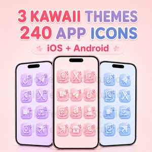 May include: Three smartphones displaying app icon sets with the text 3 KAWAII THEMES 240 APP ICONS iOS + Android. The screens show purple, pink, and blue color palettes with small flower accents on each icon, arranged in a grid on each device.