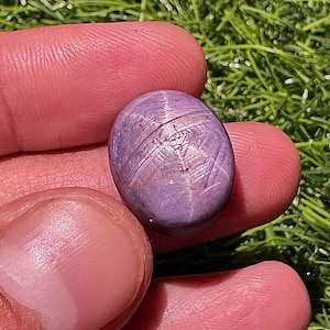 May include: A polished, oval-shaped, purple star sapphire gemstone. The gemstone displays a six-rayed star pattern across its surface. The gem is held between two fingers against a backdrop of green grass.