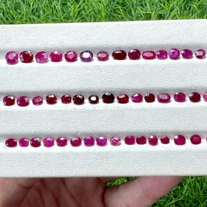 Pode incluir: Uma coleção de pedras preciosas de rubi vermelho em várias formas e tamanhos, exibidas em uma bandeja branca. Os rubis variam em cor do vermelho profundo ao rosa, com cortes ovais e redondos. A bandeja é segurada contra um fundo de grama verde.