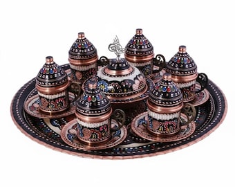 Koperen Turkse koffiekopjesset | Handgegraveerd Anatolisch servies | Moederdagcadeau | Huwelijkscadeau