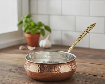 Zuiver koperen steelpan | Gehamerde afwerking, ambachtelijk keukengerei, kleine pan