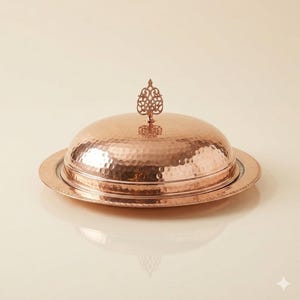 May include: A copper-colored butter dish with a hammered texture. The dish has a round base and a domed lid with an ornate handle. The dish is designed to hold and serve butter. The overall design is elegant and decorative.