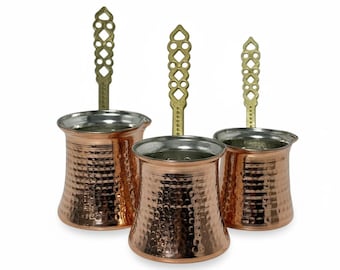 Reines Kupfer Türkisches Kaffeekannen-Set | Handgemachte anatolische Cezve, 3 Größen