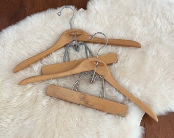 2 Vintage Wooden Suit Hangers with Trouser Clamps, Branded Mid Century Decor