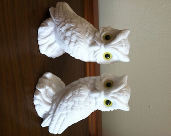 Vintage White Stone Owls set of 2