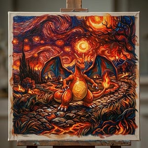 May include: A vibrant painting of a Charizard in a fiery landscape, reminiscent of Van Gogh's style. The artwork features a red and orange Charizard with blue wings, set against a swirling, star-filled sky. A flame emanates from its tail.