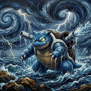 Può includere: Una creatura bipede blu con un guscio marrone e due cannoni metallici sulla schiena, in piedi in un oceano turbolento durante una tempesta. La creatura ha occhi gialli luminosi e spruzza acqua da un cannone tra nuvole scure e vorticose.