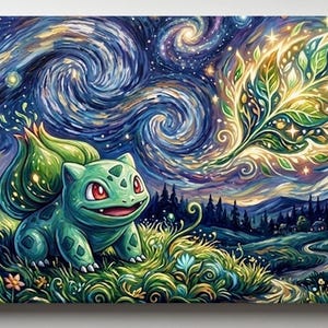 May include: A canvas print featuring a green Bulbasaur character in a vibrant, stylized landscape. The artwork blends a starry night sky with swirling blues and greens, and a whimsical, glowing plant. The overall theme is fantasy and nature.