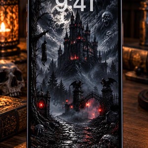 May include: A smartphone displaying a lock screen with a dark, gothic castle scene featuring a full moon, skeletal figures, and a stone path. The screen shows the time 9:41, the date Thursday, 9 October, and the carrier name Telstra.