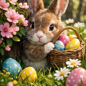 May include: A brown and white rabbit holding a wicker basket of decorated Easter eggs. The rabbit is near a tree trunk, surrounded by green grass, pink flowers, and white daisies. Several decorated eggs are scattered around.