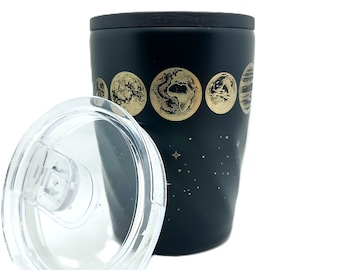 Caneca portátil Sistema Solar 350 ml – caneca preta de aço inoxidável com tampa, presente com tema espacial para fãs de astronomia