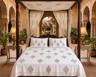 Indian Block Print King Size Bedsheet Set | 100% Cotton Floral Tree Bedding