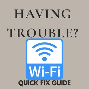 May include: A graphic with the text "HAVING TROUBLE?" above a blue and white Wi-Fi icon and the words "Wi-Fi QUICK FIX GUIDE" on a gray background. The Wi-Fi icon has three curved lines.