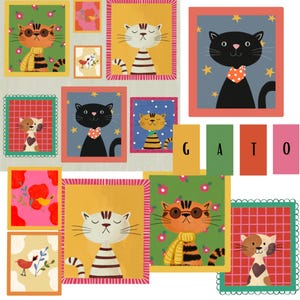 Pode incluir: Uma coleção de ilustrações de gatos emolduradas em vários estilos. Os gatos são retratados em diferentes cores e padrões, alguns usando cachecóis e óculos. A palavra "GATO" é soletrada em blocos de letras individuais.